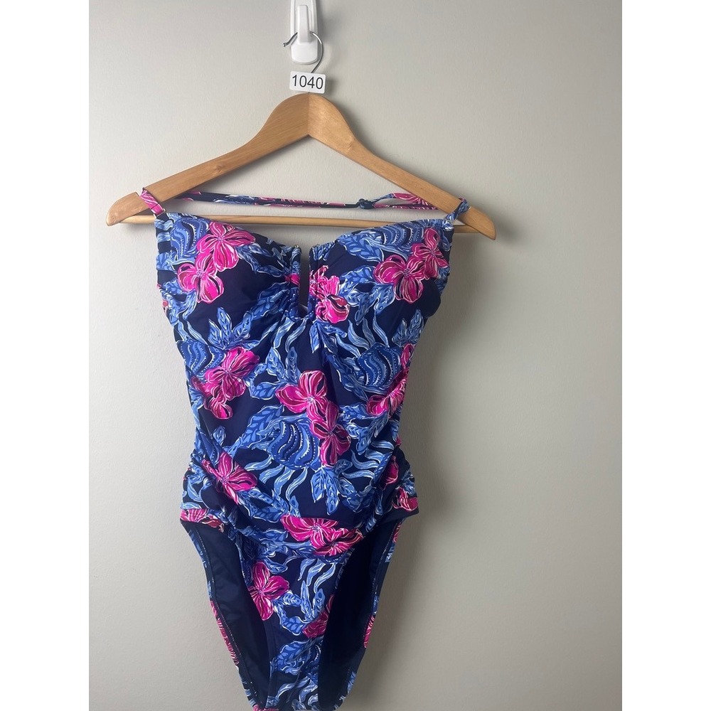 2/$30 Lilly Pulitzer Blue Pink Floral Ruched One Piece Swimsuit Size 10